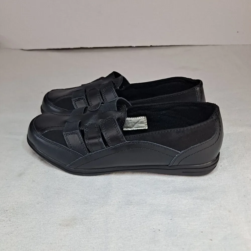 Mushrooms Black Leather & Suede Wedge Flats Size 8 M Elastic Straps for Stretch